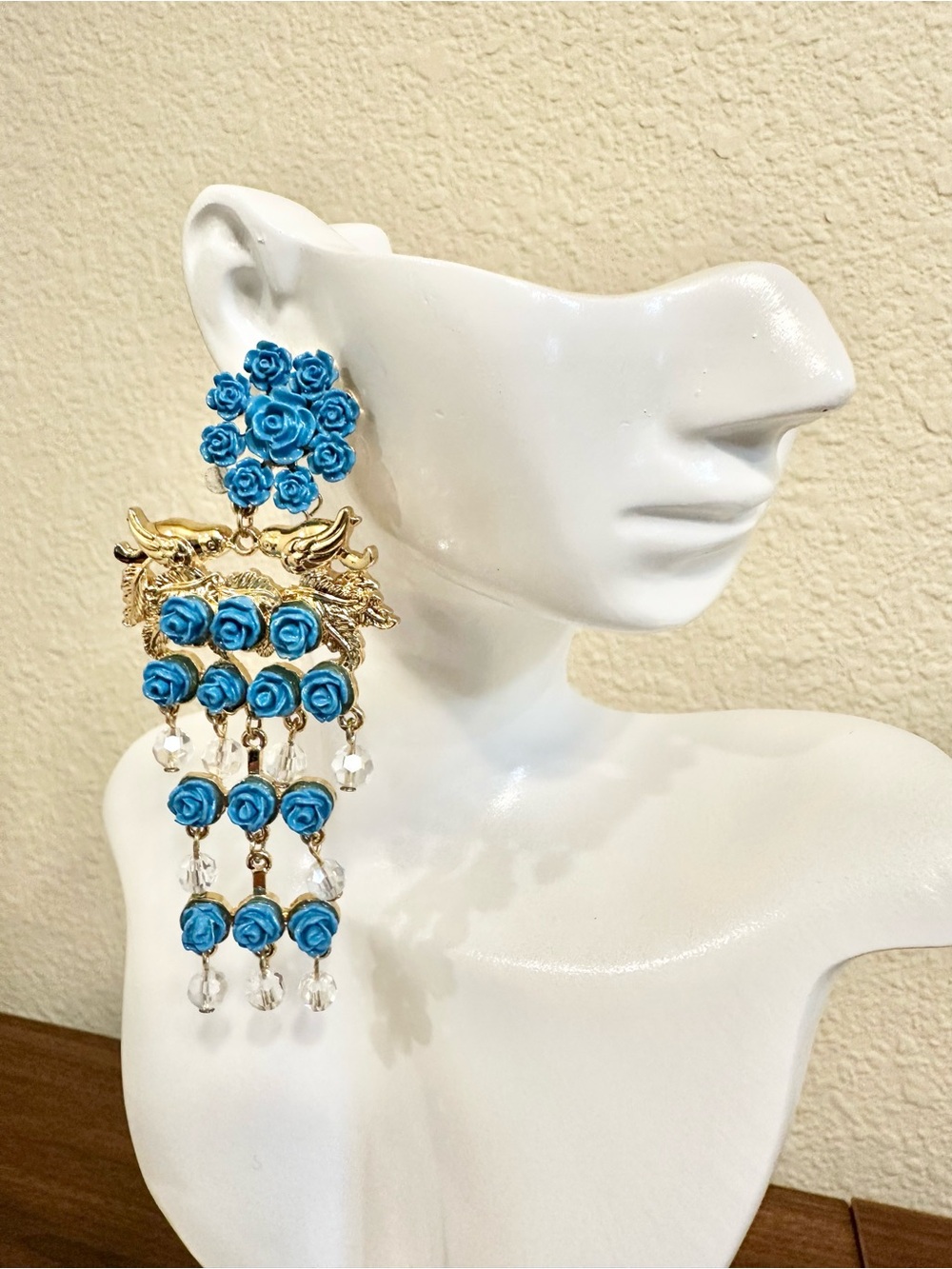 Gold-tone Blue Rose Chandelier Earrings
